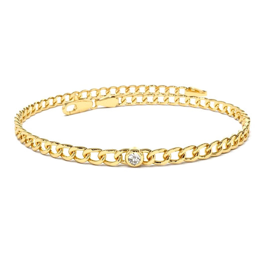 Gold Vermeil Curb Chain Solitaire Bezel Set CZ