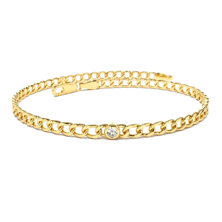 Gold Vermeil Curb Chain Solitaire Bezel Set CZ